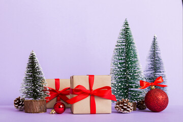 Christmas composition. craft Gift box, small tree, branches and craft DIY decorations on white background. New year concept. Christmas home decoration Flat lay, top view, copy space