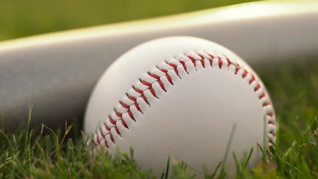 White leather ball and baseball bat on the grass, close up