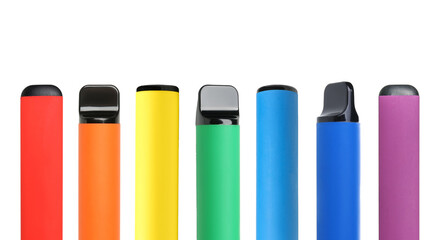 Group of colorful electronic cigars on white background