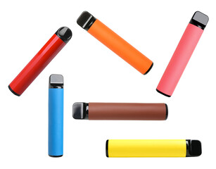 Set of colorful electronic cigars on white background