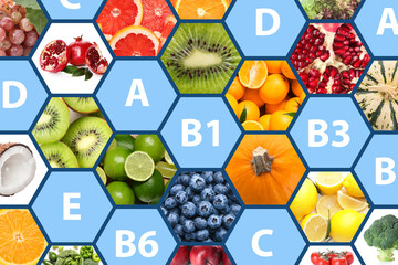 Banner with different vitamins, fresh fruits and vegetables
