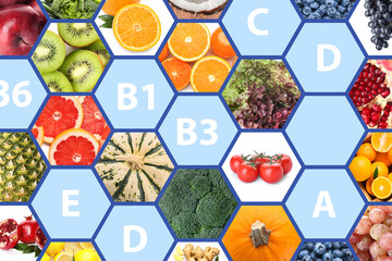 Banner with different vitamins, fresh fruits and vegetables