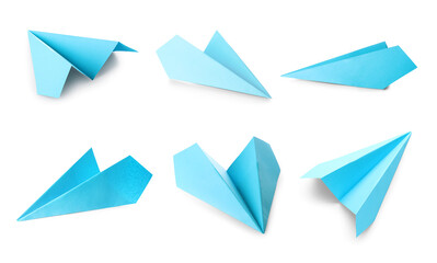 Set of blue paper plane isolated on white