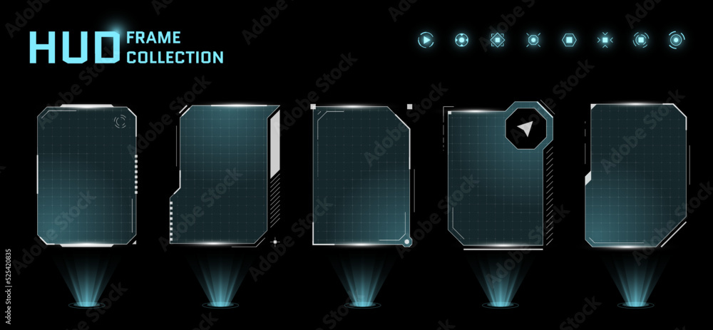 Poster hud digital futuristic user interface square frame set. sci fi high tech screens. game menu touch mo