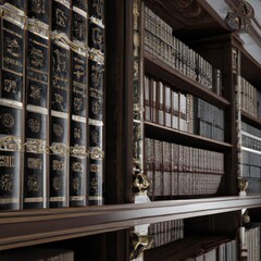 Antique Leather Bound Books on a Shelf in a Baroque Manor Library