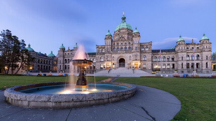 Legislative Assembly of British Columbia in the Capital City during colorful sunrise. Downtown...