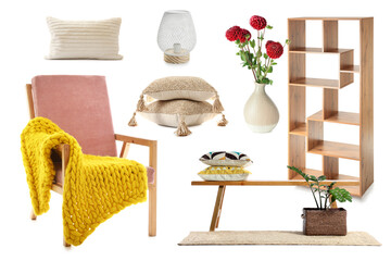 Set of new furniture and decor for room interior on white background