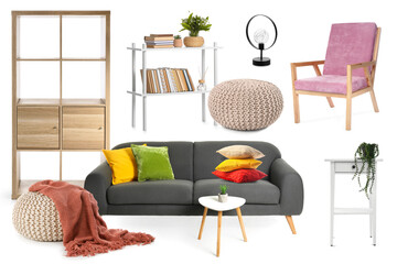 Collage of stylish furniture and decor for room interior on white background © Pixel-Shot