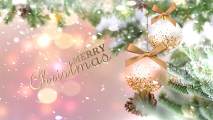 Christmas banner gold ball and green pine tree branch with cone winter blurred pink background copy space template banner