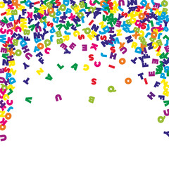 Falling letters of English language. Colorful flying words of Latin alphabet. Foreign languages study concept. Bold back to school banner on white background.