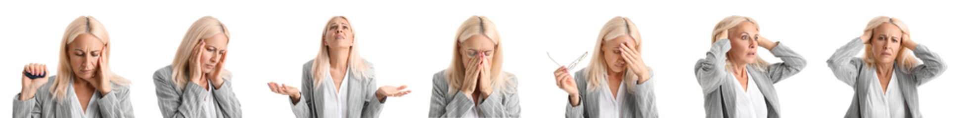 Set of stressed businesswoman on white background