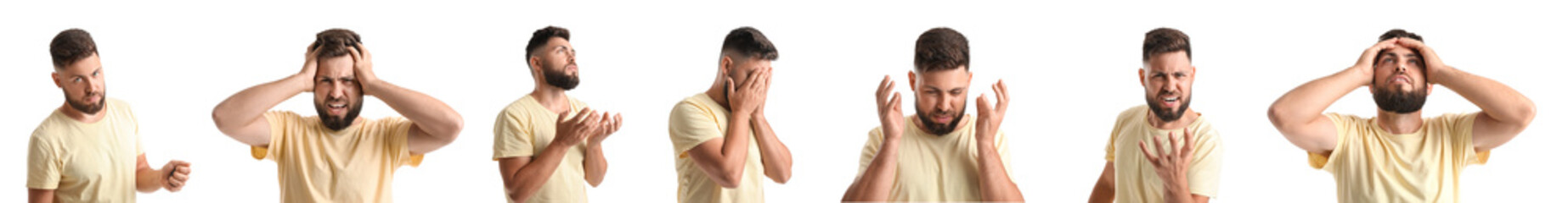 Set of stressed young man on white background