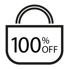 100 percent off. White banner with shopping bag illustration. 