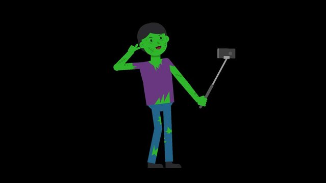 Zombie man taking a selfie with a selfie stick and posing