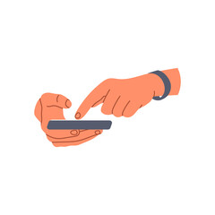Hand holding phone. Fingers touching, tapping, scrolling smartphone screens, using applications. hand and phone icon. Human hand touch smartphone screen. Flat vector illustration