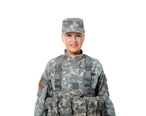 Mature female soldier on white background