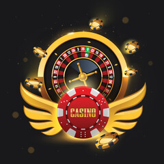 Golden roulette wheel and flying poker chips. Poker casino vector illustration. Realistic chip flying on black background. Online casino, gambling concept, poker mobile app.