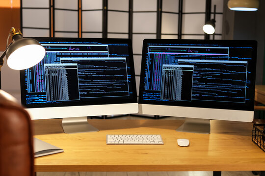 Modern workplace of programmer with computers