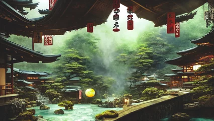 Afwasbaar Fotobehang Kaki Fantasy Japanese landscape. Japanese hot springs, ancient architecture. 3D illustration.
