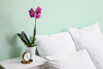 Orchid flower and alarm clock on table near green wall