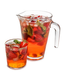 Glass and jug of strawberry lemonade on white background