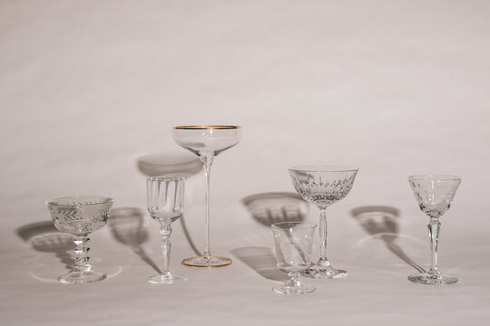 Empty Glassware, Stemware, Cocktail Glasses On White