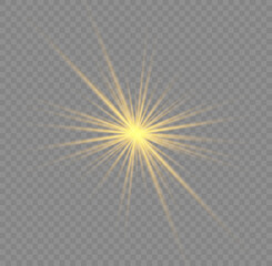 Golden light star, yellow sun rays, flash sparkles