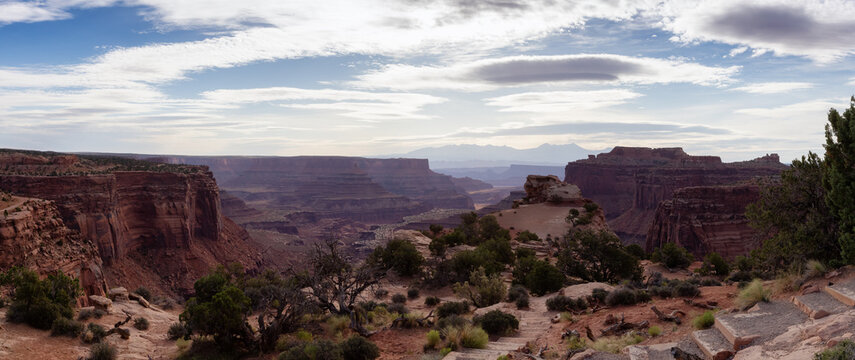 Scenic Panoramic View of American Landscape and Red Rock Mountains in Desert Canyon. Cloudy Sky. Canyonlands National Park. Utah, United States. Nature Background Panorama