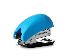 Modern blue stapler on white background