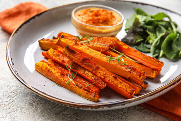 Plate of delicious baked carrots, closeup