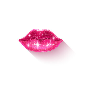 Beautiful voluminous lips on a transparent background pink lips with a shiny glitter texture Vector EPS 10 illustration