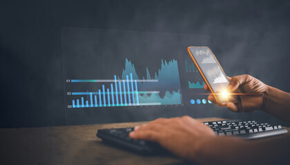 Investor using smartphone app analyzing financial data stock market with virtual interface screen, Business analytics and data management system on computer virtual screen, strategy for finance.