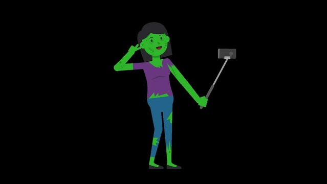 Zombie woman taking a selfie with a selfie stick and posing
