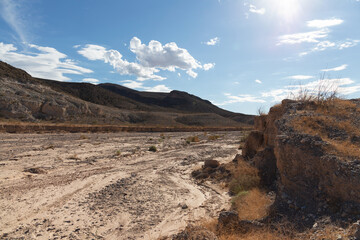 View from dry lake bed at closed defunct arid Echo Bay Marina at Lake Mead August 2022