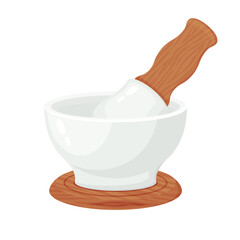 Porcelain  and Wooden mortar and pestle. Vector illustration cartoon flat icon isolated on white background.