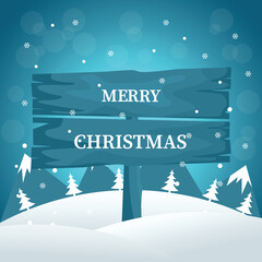 Merry christmas card on wooden sign in good night landscape in snow