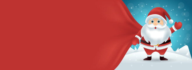 Merry christmas background of santa claus in good night winter landscape in snow. 3D christmas greeting card. Christmas banner with copy space for text