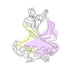 Ballroom dancers. Dancing couple. Professional. Ballroom dance Waltz. One line drawing. Hand drawn. Vector illustration.