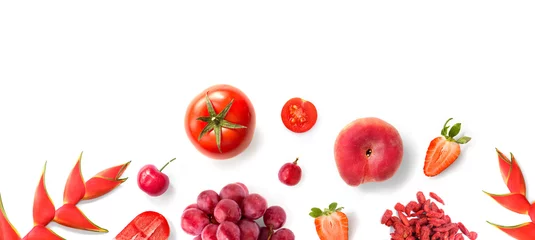 Photo sur Plexiglas Légumes frais Creative layout made of red fruits and vegetables on the white background. Flat lay. Food concept. Macro  concept.Tomato,grape,cherry tomato,strawberry,goji berry,cherry on the white background.