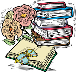 Romantic decorative vector composition with books, flowers and glasses for poster print, book store logo, teachers day postcard. Back to school vintage style theme. Hand drawn illustration.