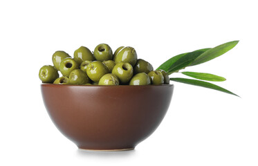 Bowl full of tasty green olives on white background