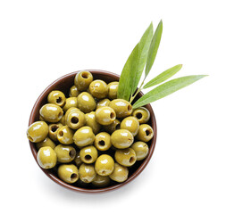 Bowl full of tasty green olives on white background