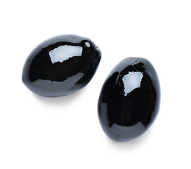 Two black olives on white background