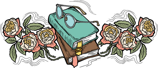 Romantic decorative vector composition with books, flowers and glasses for poster print, book store logo, teachers day postcard. Back to school vintage style theme. Hand drawn illustration.