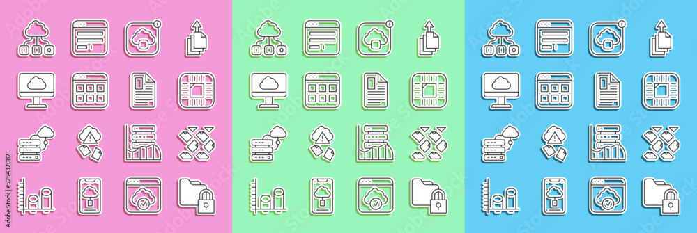 Poster set line folder and lock, data stream, processor with cpu, cloud technology data transfer, browser f