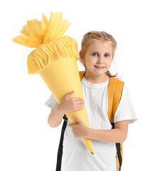 Cute little girl with yellow school cone and backpack on white background