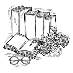 Romantic decorative composition with books, flowers and glasses for poster print, book store logo, teachers day postcard. Back to school vintage style theme. Hand drawn illustration.