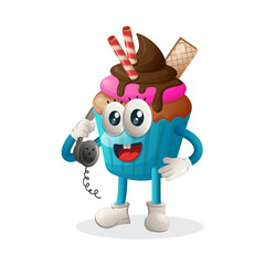 Cute cupcake mascot pick up the phone, answering phone calls