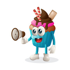 Cute cupcake mascot holding megaphone