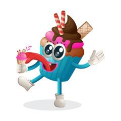 Cute cupcake mascot eat ice cream, ice cream cone